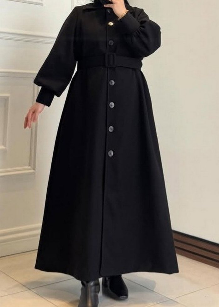 Düğmeli Siyah Kadın Uzun Kaşe Kaban - Görsel 5