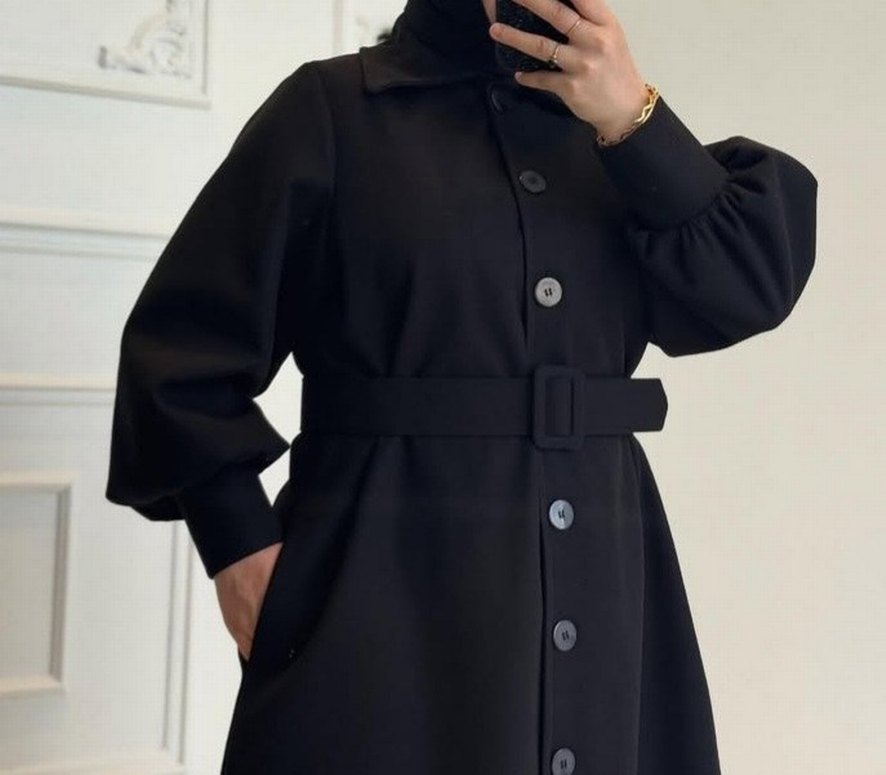 Düğmeli Siyah Kadın Uzun Kaşe Kaban - Görsel 4