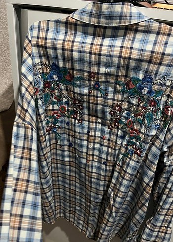 Nakışlı Düğmeli mavi kareli kadın Gömlek - Görsel 3