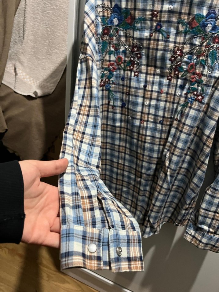 Nakışlı Düğmeli mavi kareli kadın Gömlek - Görsel 4