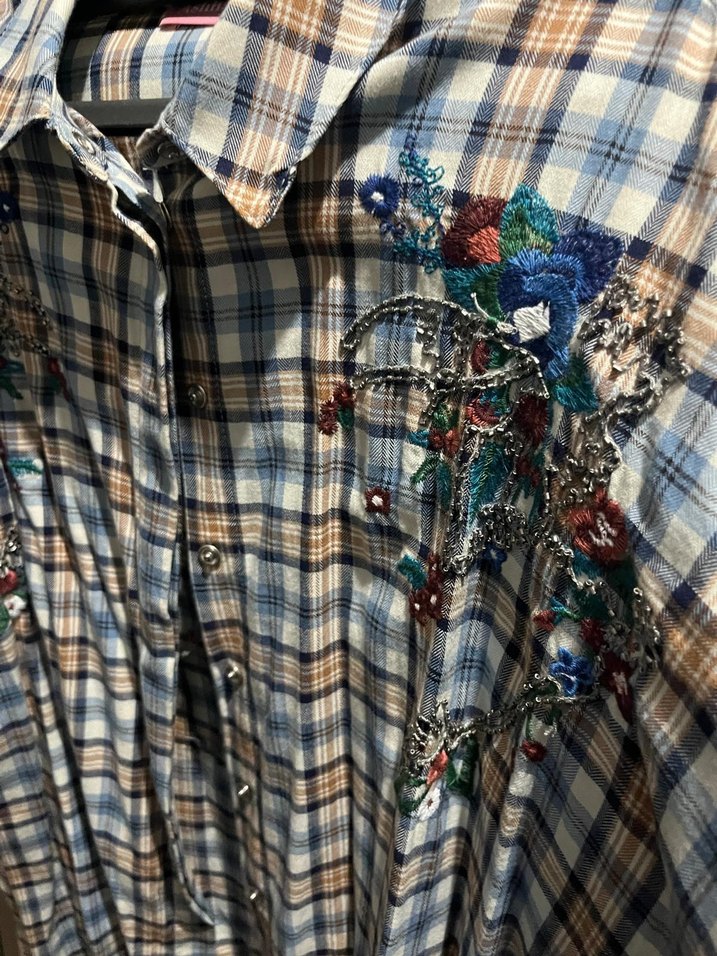 Nakışlı Düğmeli mavi kareli kadın Gömlek - Görsel 2