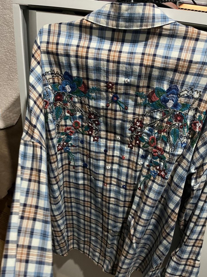 Nakışlı Düğmeli mavi kareli kadın Gömlek - Görsel 3