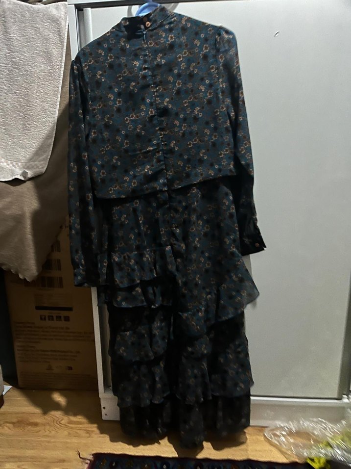 koyu yeşil çiçekli şifon elbise - Görsel 4