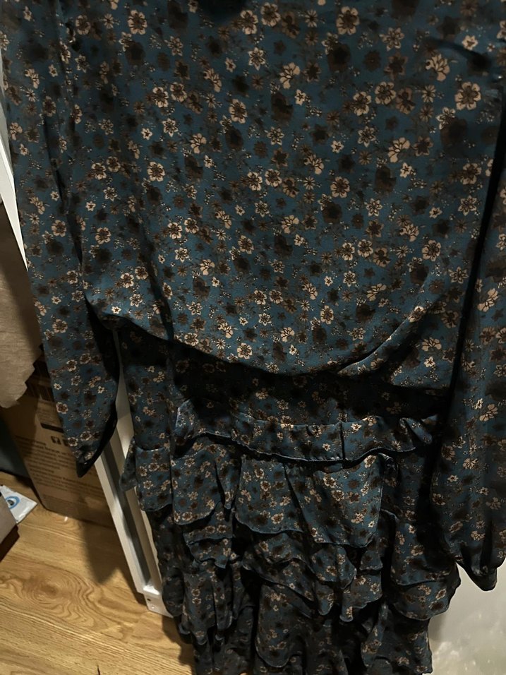 koyu yeşil çiçekli şifon elbise - Görsel 2