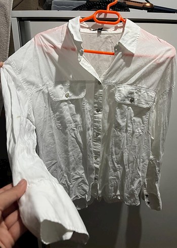 Düğmeli Beyaz Kadın Keten Gömlek - Görsel 2