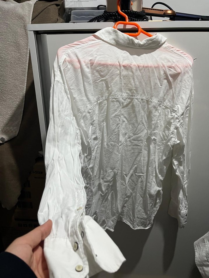 Düğmeli Beyaz Kadın Keten Gömlek - Görsel 3