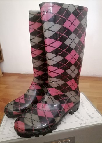 Pembe Ekose Desenli Yuksek tabanlı Lastik Çizme