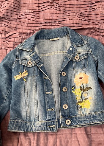 Nakışlı Kız çocuk Mavi Denim Ceket