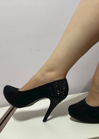 Siyah Taşlı Yüksek Topuklu Kadın Ayakkabı - Görsel 7