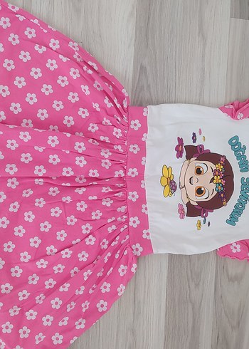Kız Çocuk Pembe Çiçekli Pamuklu Elbise - Görsel 2