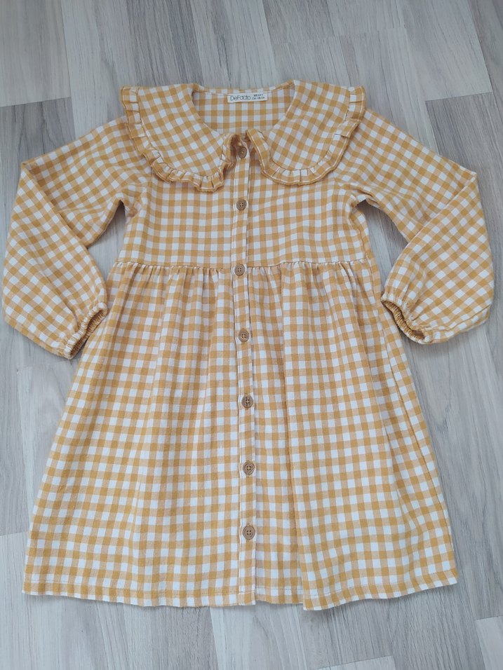 Bej Kareli Uzun Kollu Bohem Kız Elbisesi - Görsel 2