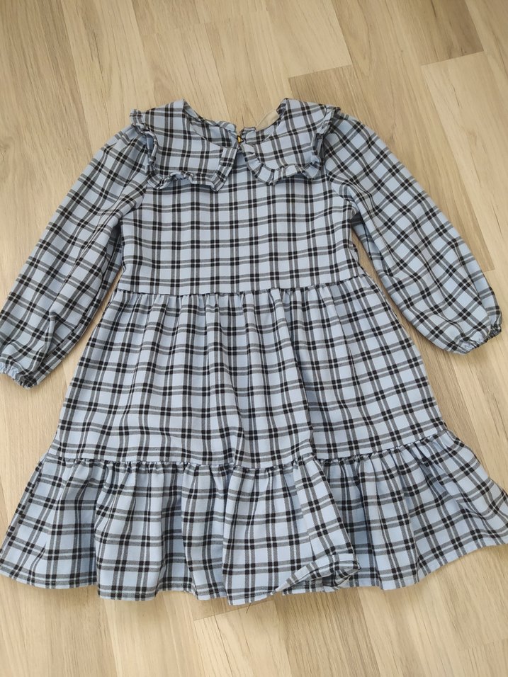 Uzun Kollu Kareli Kız Çocuk Elbise - Görsel 3