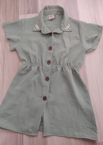 Kız Çocuk Gri Keten Düğmeli Elbise - Görsel 2