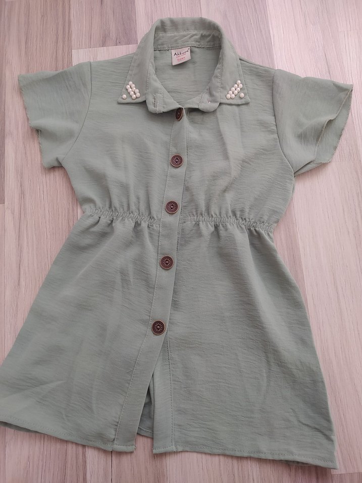 Kız Çocuk Gri Keten Düğmeli Elbise - Görsel 2