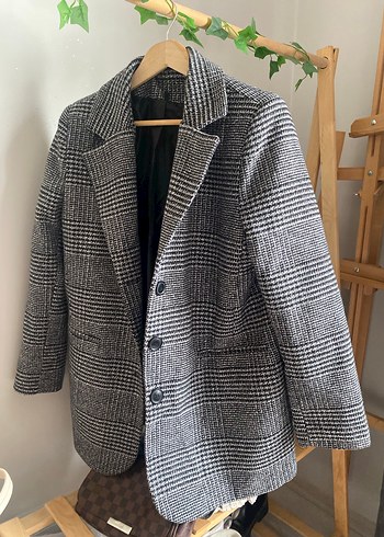 Gri Ekose Desenli Midi Kadın Blazer - Görsel 3