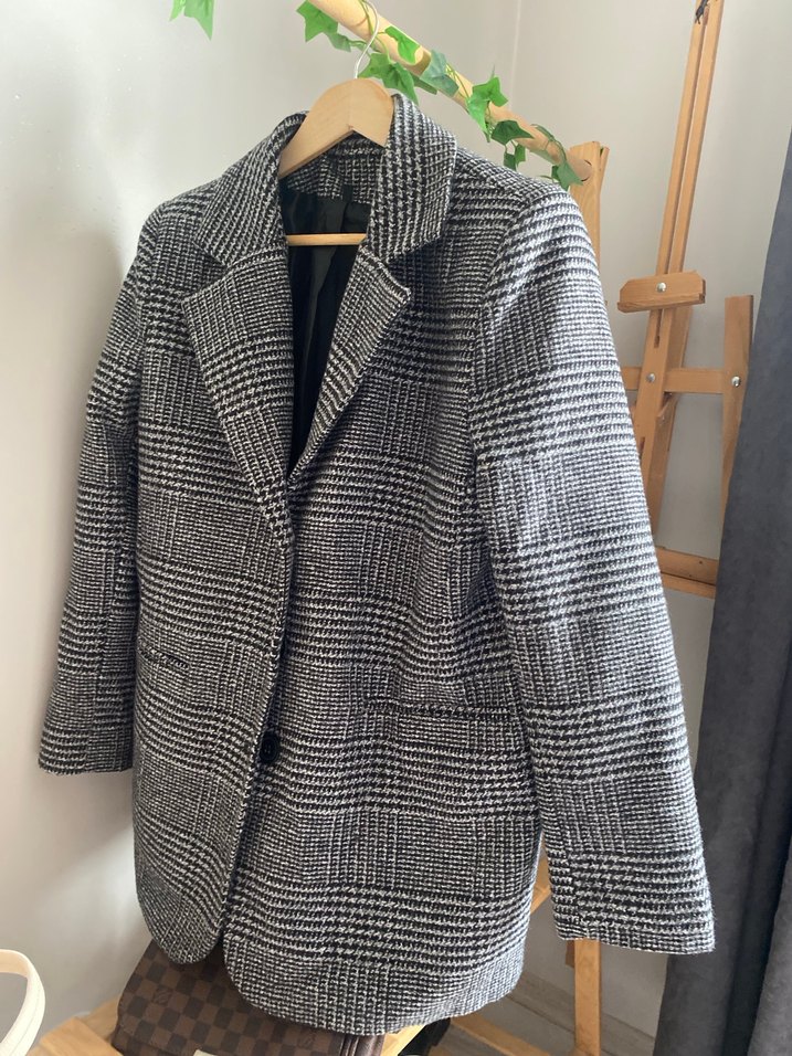 Gri Ekose Desenli Midi Kadın Blazer - Görsel 2