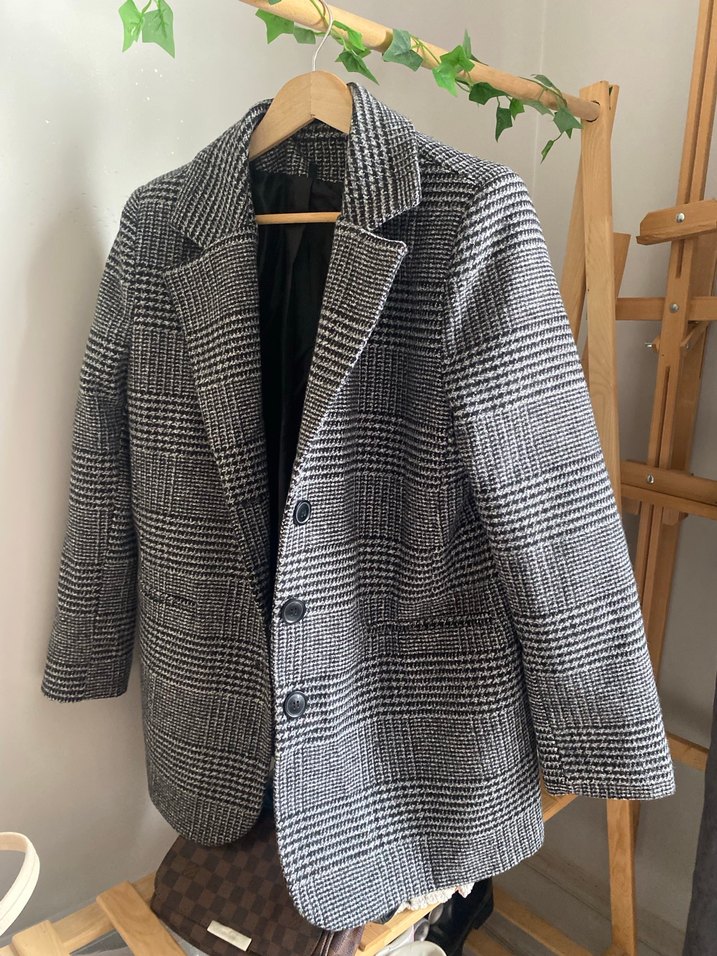 Gri Ekose Desenli Midi Kadın Blazer - Görsel 3