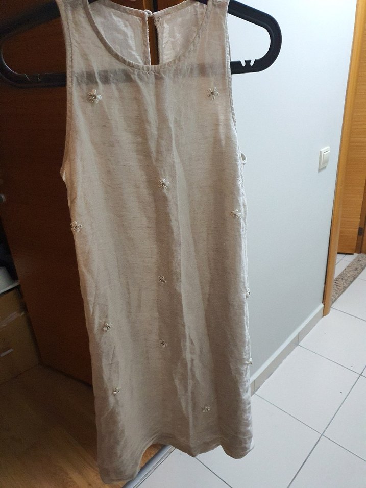 Minimalist Kolsuz Midi Keten Elbise - Görsel 2