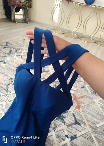 Lacivert Uzun Drapeli yirtmacli Kadın Abiye Elbise - Görsel 6