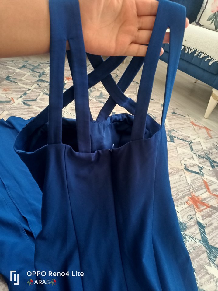 Lacivert Uzun Drapeli yirtmacli Kadın Abiye Elbise - Görsel 5