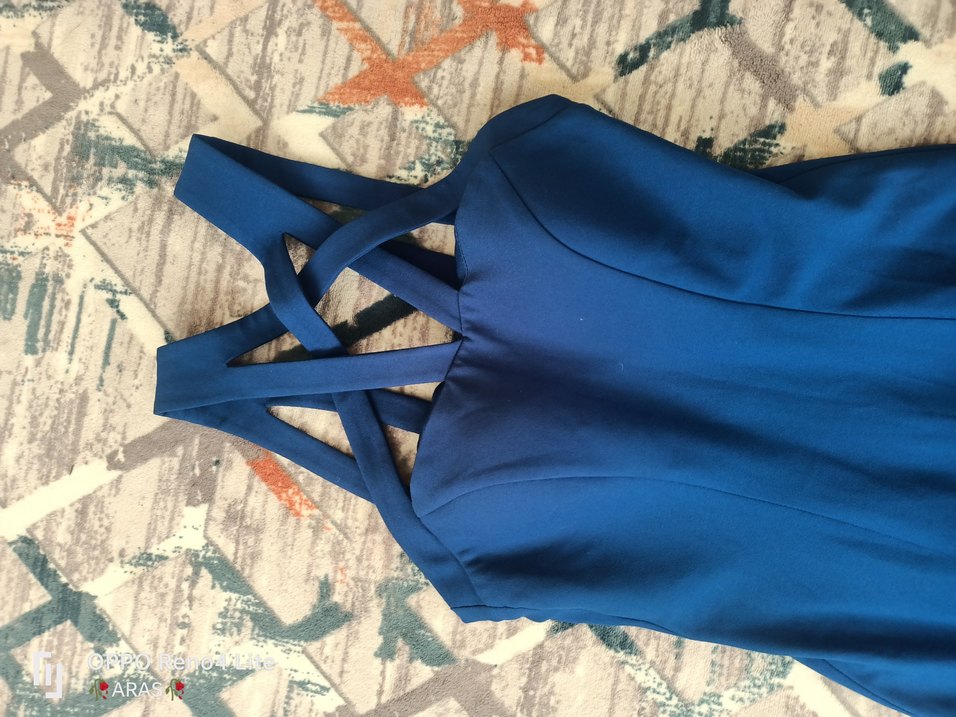 Lacivert Uzun Drapeli yirtmacli Kadın Abiye Elbise - Görsel 3