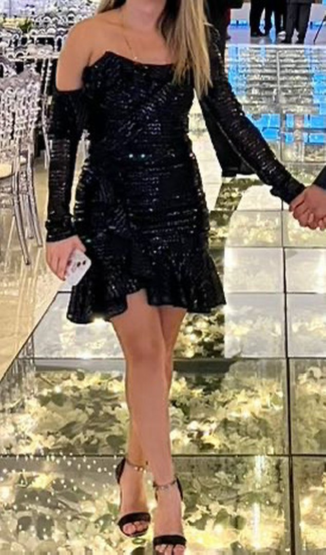 Parlak Siyah Yılan Desenli Mini Elbise - Görsel 2