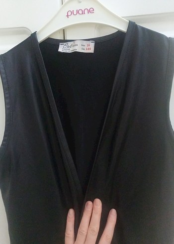 Püsküllü Siyah ince yumuşak deri Kolsuz Mini çocuk Yelek - Görsel 4