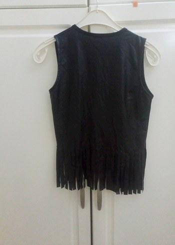 Püsküllü Siyah ince yumuşak deri Kolsuz Mini çocuk Yelek - Görsel 7