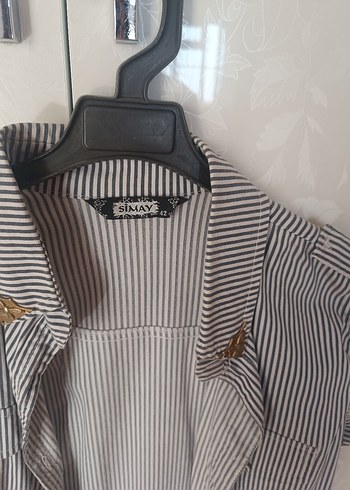 Düğmeli Kolsuz Çizgili Gri Keten Kadın Gömlek - Görsel 2