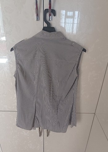 Düğmeli Kolsuz Çizgili Gri Keten Kadın Gömlek - Görsel 3