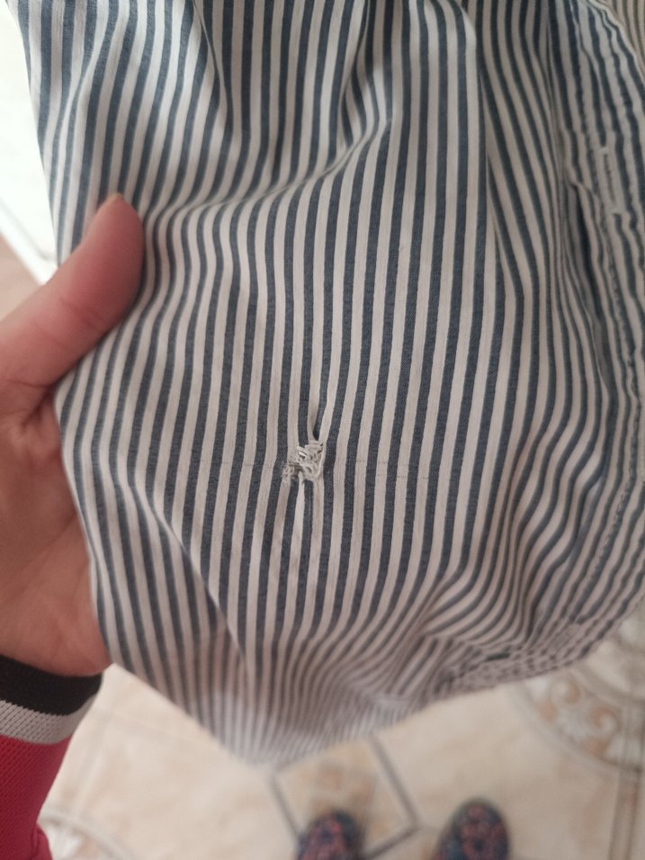 Düğmeli Kolsuz Çizgili Gri Keten Kadın Gömlek - Görsel 4