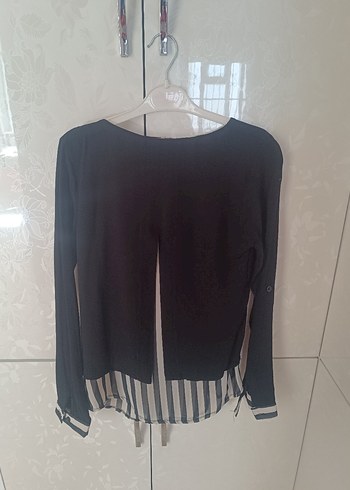 Siyah Çizgili Düğmeli Mini Kadın Bluz - Görsel 2