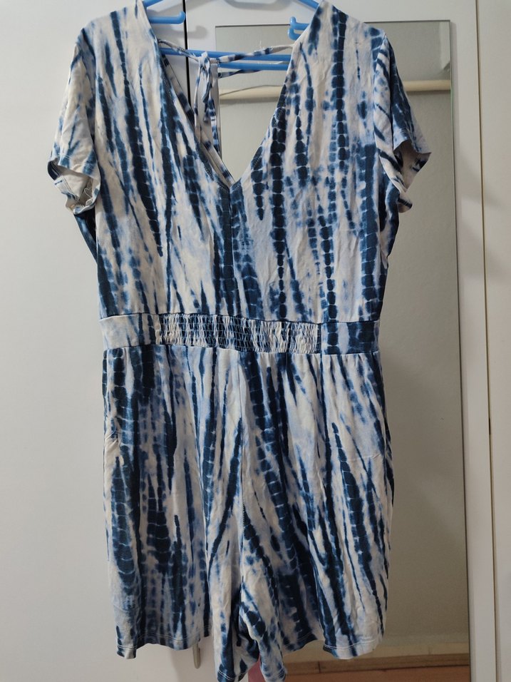 Mavi Beyaz Bağlama Desenli şort tulum - Görsel 5