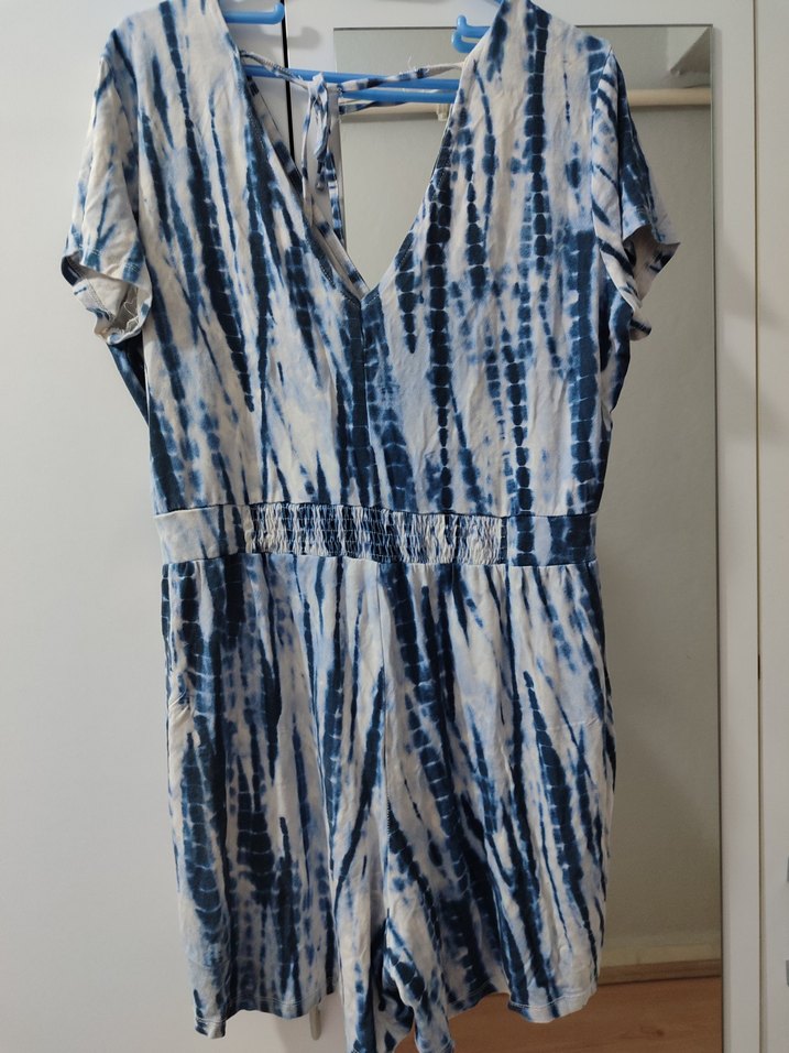 Mavi Beyaz Bağlama Desenli şort tulum - Görsel 4