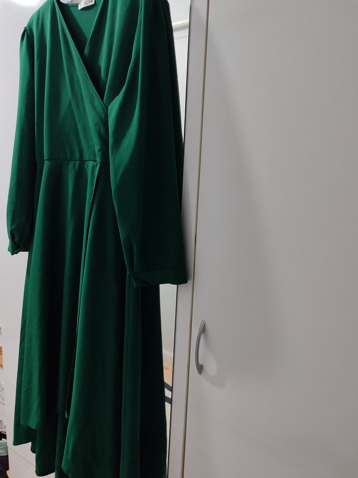 Uzun Yeşil Drapeli V Yaka Elbise - Görsel 2