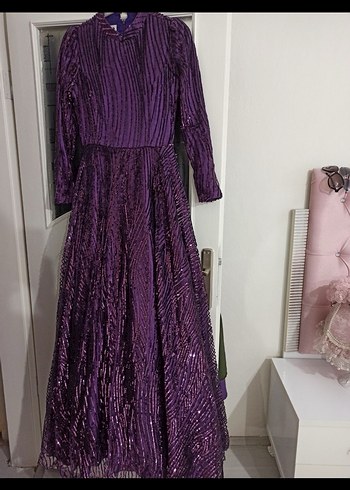 Uzun Kollu Mor Drapeli Abiye Elbise - Görsel 2