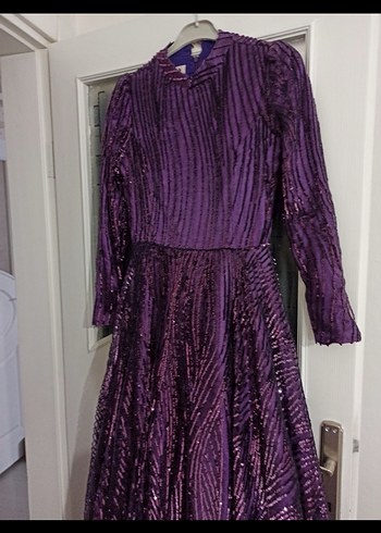 Uzun Kollu Mor Drapeli Abiye Elbise - Görsel 4