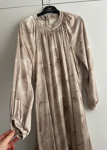 Bej Uzun saten Bohem Elbise - Görsel 2