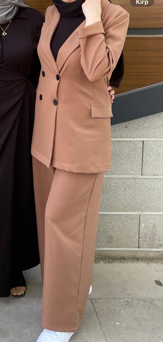 Kahverengi Kadın Uzun Ceketli Takım - Görsel 2