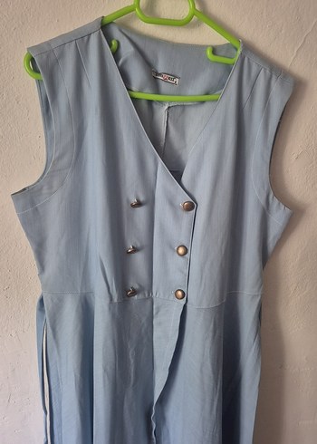 Düğmeli buz Mavi Keten Hamile Elbisesi - Görsel 3