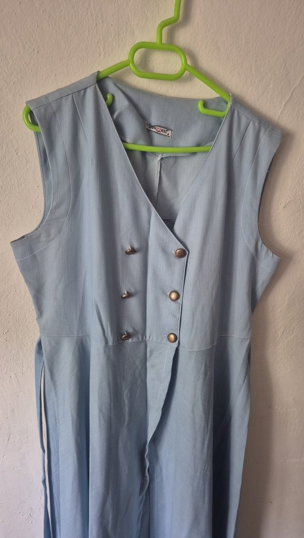 Düğmeli buz Mavi Keten Hamile Elbisesi - Görsel 3