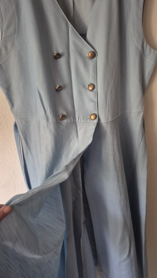 Düğmeli buz Mavi Keten Hamile Elbisesi - Görsel 4