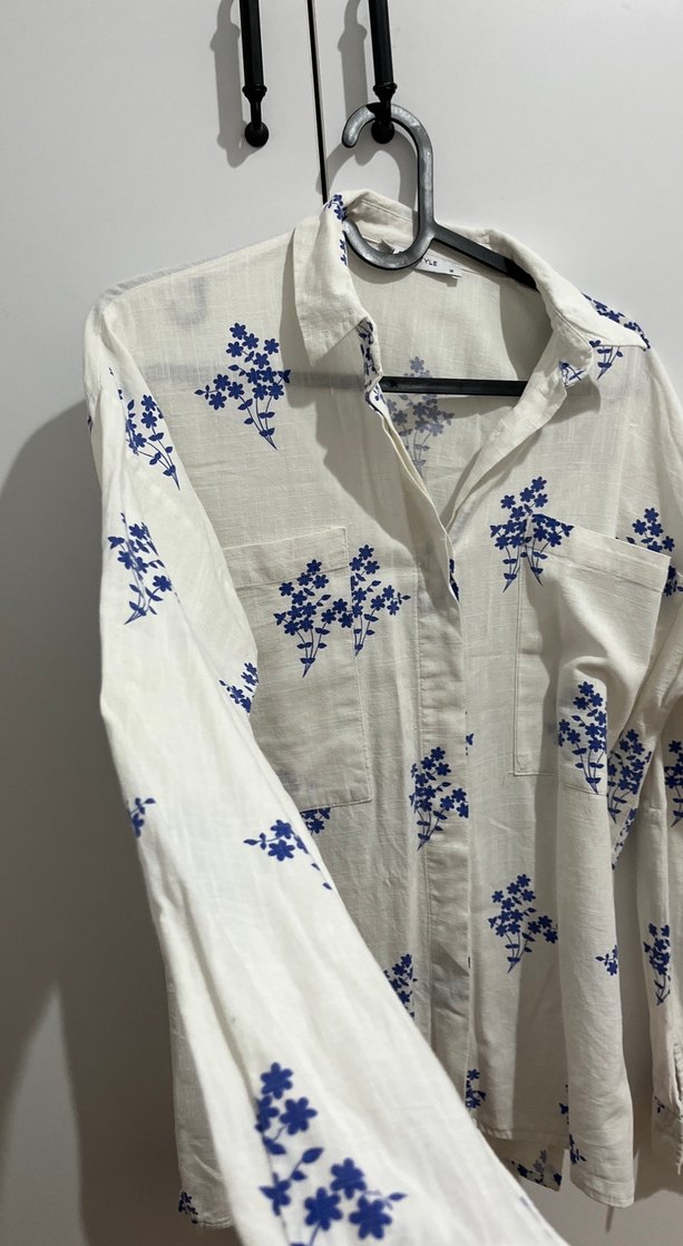 Çiçek Desenli Keten Uzun Kollu Gömlek - Görsel 2