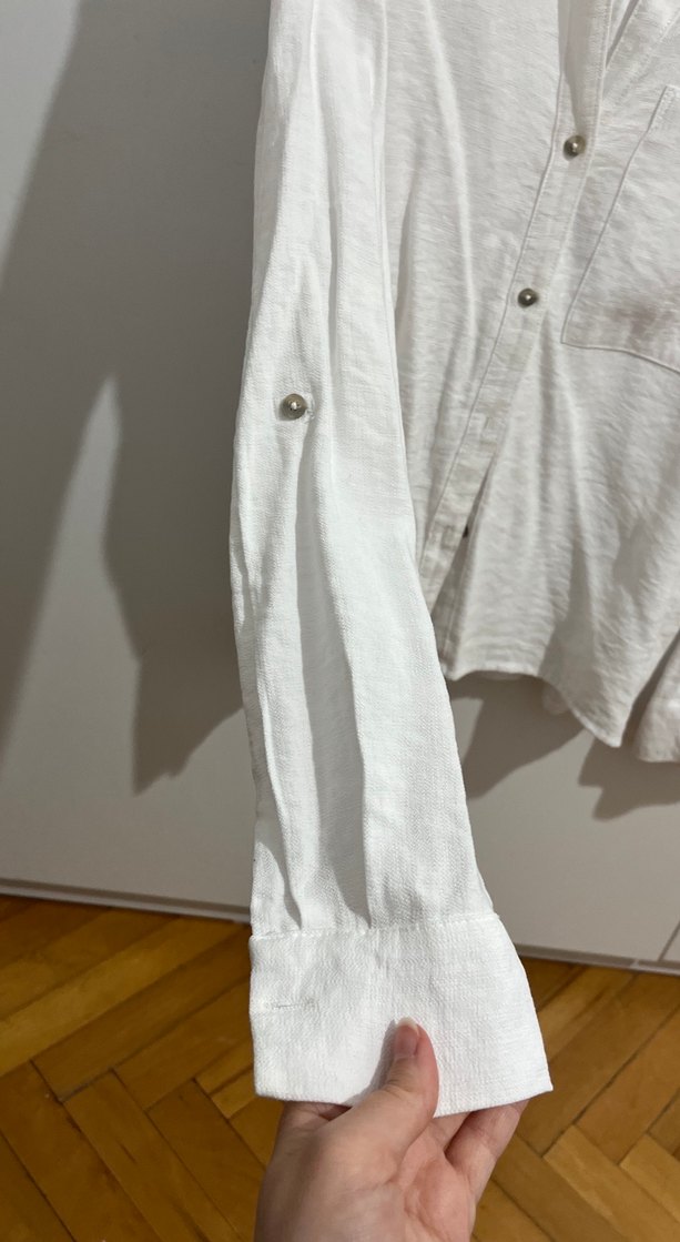 Düğmeli Beyaz Keten Kadın Gömlek - Görsel 2