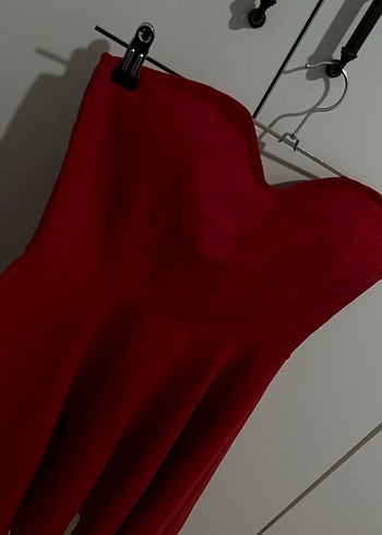 Bordo Straplez Midi Abiye Elbise - Görsel 5