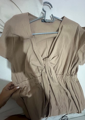 V Yaka Bej Midi Keten Elbise - Görsel 4