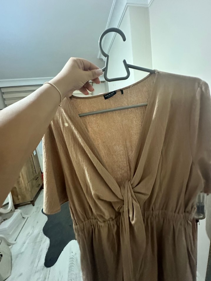 V Yaka Bej Midi Keten Elbise - Görsel 2