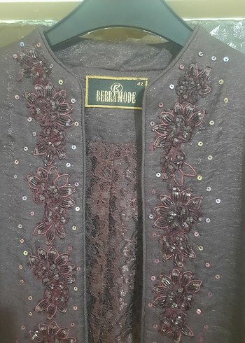 Bordo Nakışlı Uzun Kadın Ceket - Görsel 4