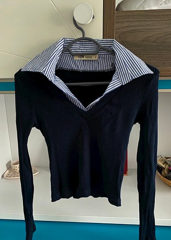 Mavi Desenli Denim Gömlek Yaka Body - Görsel 3