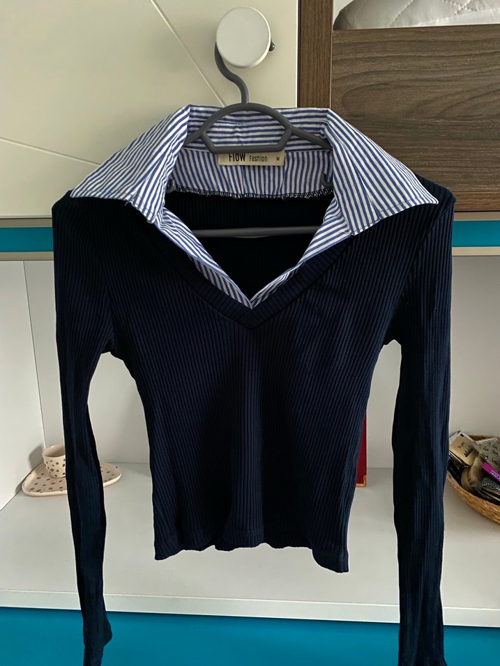 Mavi Desenli Denim Gömlek Yaka Body - Görsel 3